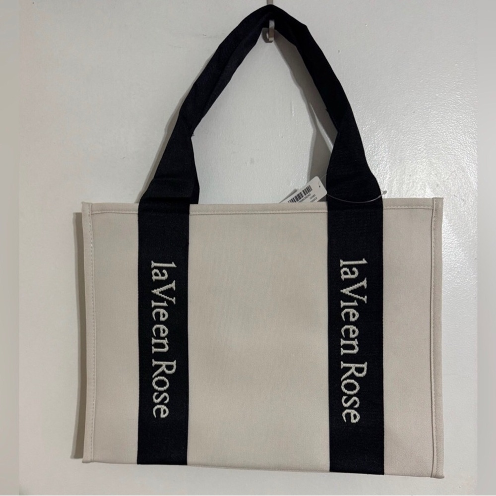 La Vie En Rose White Canvas Tote with Black Logo Straps NWT